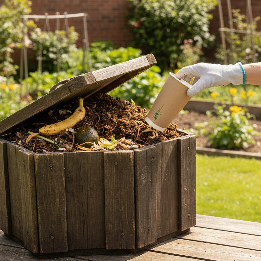 Properly disposing of a home compostable paper coffee cup in a garden compost pile to illustrate the AS5810 Australian Standard in action.