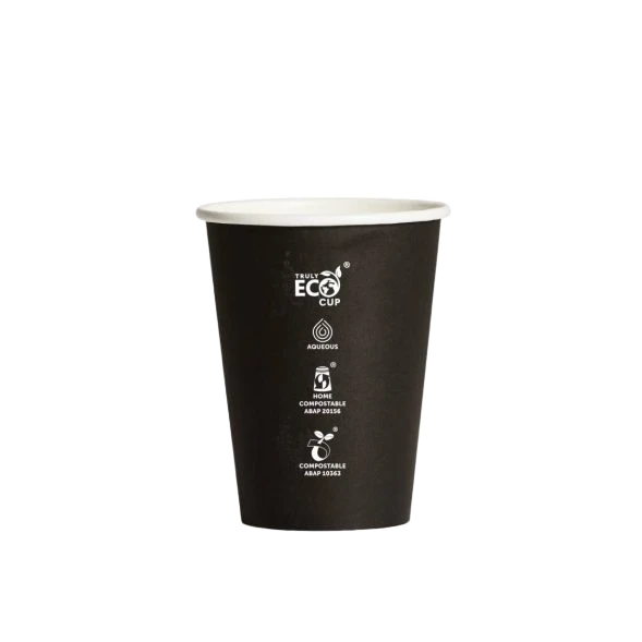 12oz Truly Eco Black AS5810 home compostable coffee cup with aqueous coating by Natureware