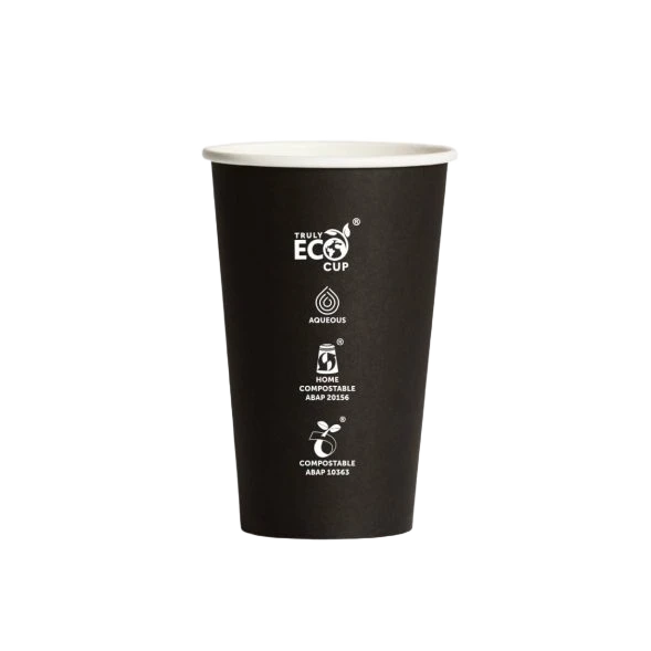 16oz Truly Eco Black AS5810 home compostable coffee cup with aqueous coating by Natureware
