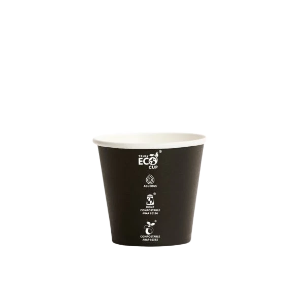 8oz Truly Eco Black AS5810 home compostable coffee cup with aqueous coating by Natureware