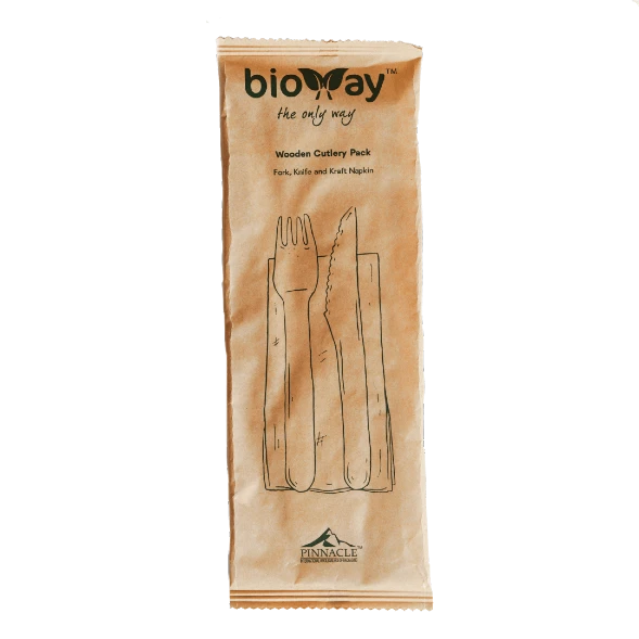 Bioway wooden cutlery set with FSC certified knife, fork and napkin in hygienic packaging by Natureware