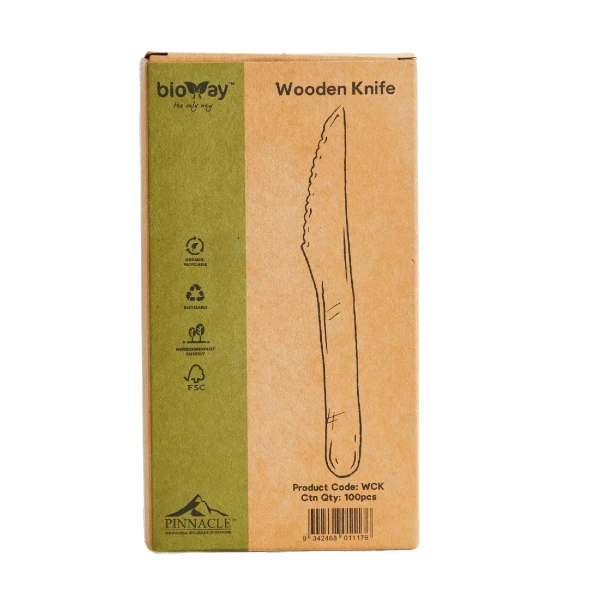 Bioway FSC certified wooden knife 165mm with serrated edge for takeaway meals by Natureware