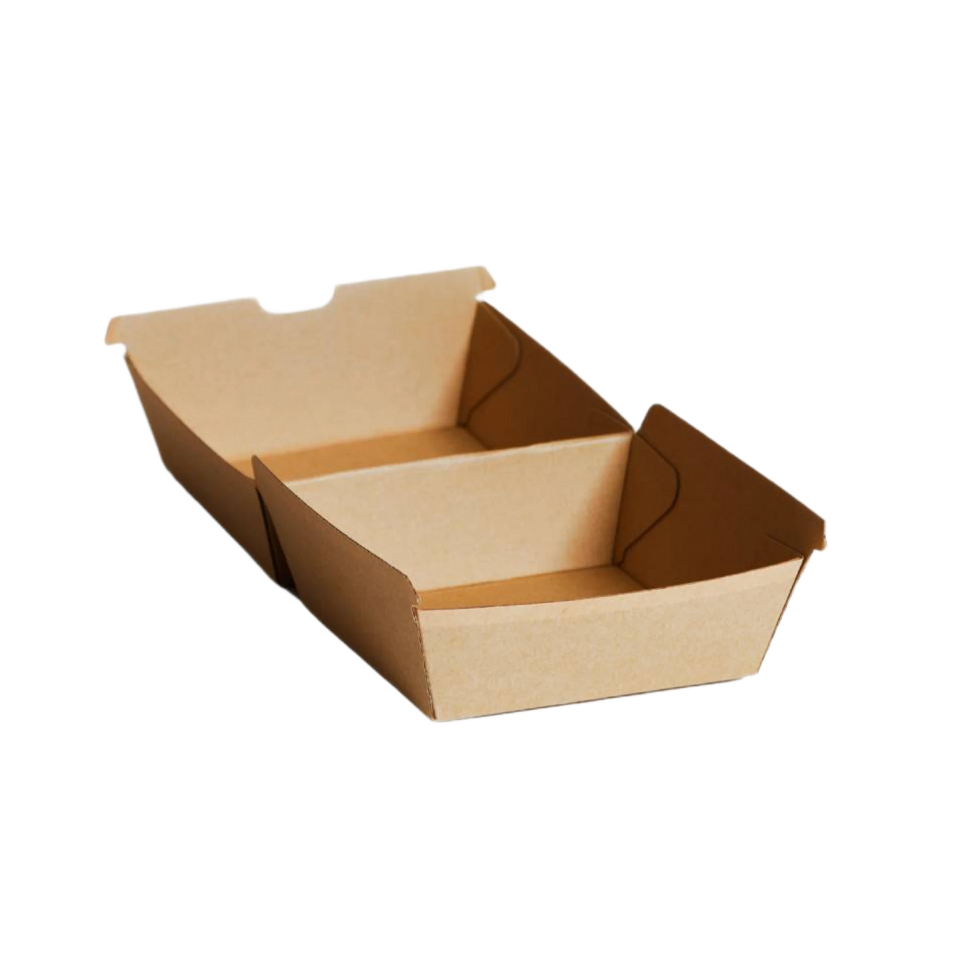 Open kraft corrugated burger box showing interior and hinged lid design by Natureware