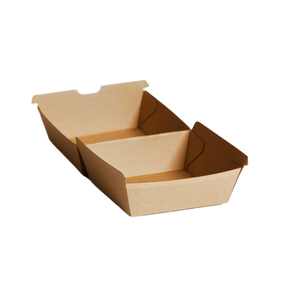 Open kraft corrugated burger box showing interior and hinged lid design by Natureware