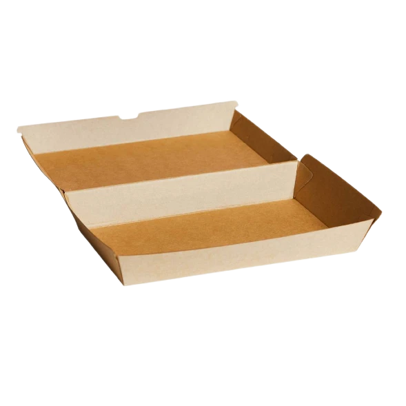Open family size kraft corrugated box showing interior capacity for catering and meal packs by Natureware