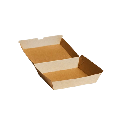 Open kraft corrugated dinner box showing interior capacity for main meals and takeaway portions by Natureware