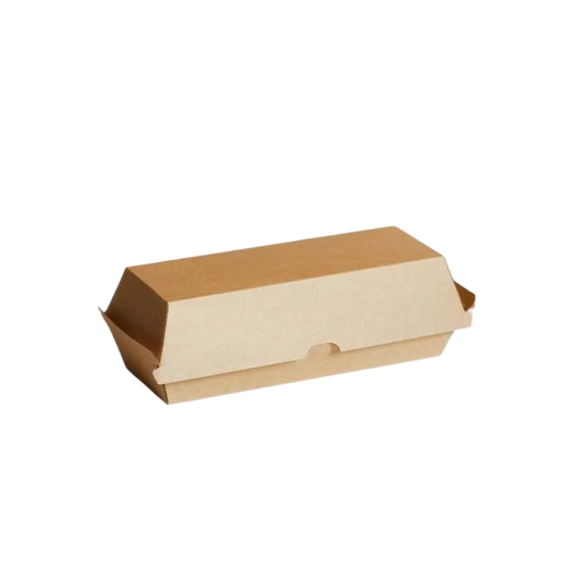 Kraft corrugated hotdog box (208x70x78mm) with secure tab lock for loaded hotdogs and baguettes by Natureware