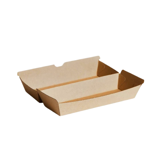 Kraft corrugated hotdog box open view showing interior for long rolls and churros by Natureware